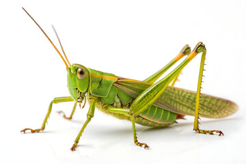 Fototapeta premium Detailed Close-Up of a Green Grasshopper on White Background