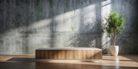 Fototapeta premium Sunlit Modern Minimalist Interior Design Featuring a Wooden Platform and Potted Plant Against a Textured Wall