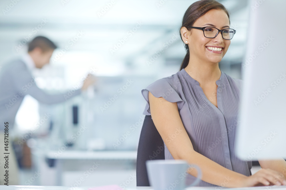 Leinwandbilder Computer, typing and creative business woman on internet for software development at startup. Developer, pc or happy professional on project for information technology, coding or programming website