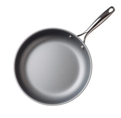 Empty non stick frying pan with metal handle on transparent background