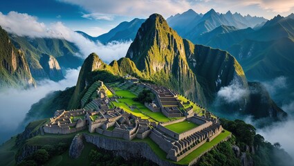 Majestic ancient Machu Picchu ruins perched high in the Andes Mountains, shrouded in mist and bathed in the golden light of dawn. A breathtaking view of history and nature.