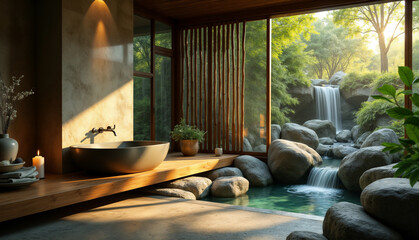 Serene Bathroom with Natural Elements and Waterfall