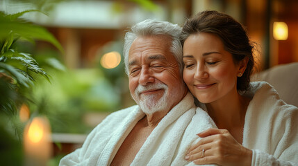 Senior couple smiling together in a tranquil spa setting  