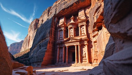 Ancient sandstone facade of the Treasury in Petra, Jordan.  A breathtaking example of Nabataean architecture carved into the cliff face.