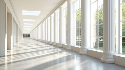 Fototapeta premium Refined school building with a long corridor of white pillars, shadowed recesses, gentle afternoon light, side perspective for depth. 