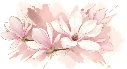 Fototapeta premium Elegant blush pink magnolia blossoms on a rose gold watercolor background.