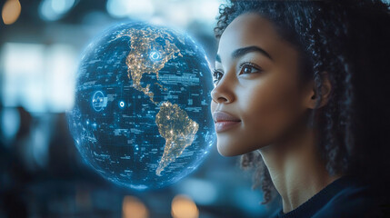 Naklejka premium Young woman contemplating digital globe in a modern environment 