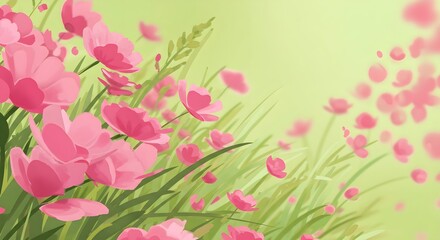 Fototapeta premium Delicate pink flowers sway gently in a soft green meadow. A vibrant spring scene.