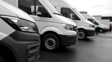 Several white delivery vehicles parked in a row.