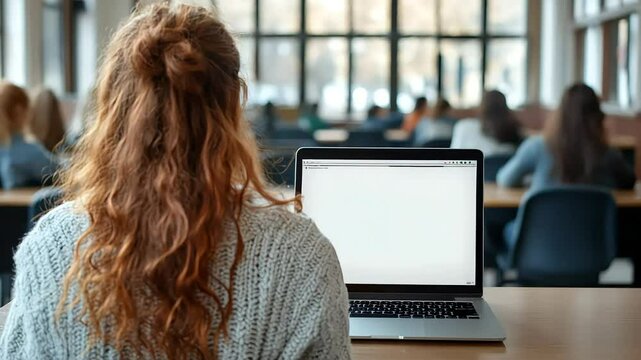 Student working on laptop in classroom with blank screen for mockup