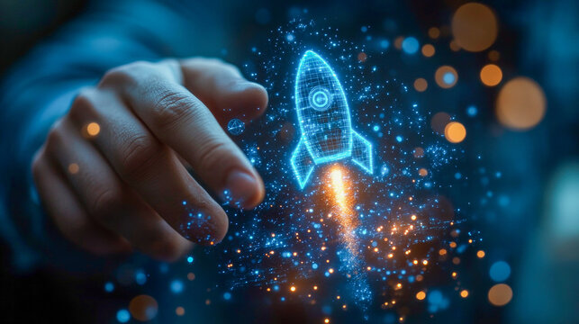 Hand touching glowing rocket icon in bright digital environment  