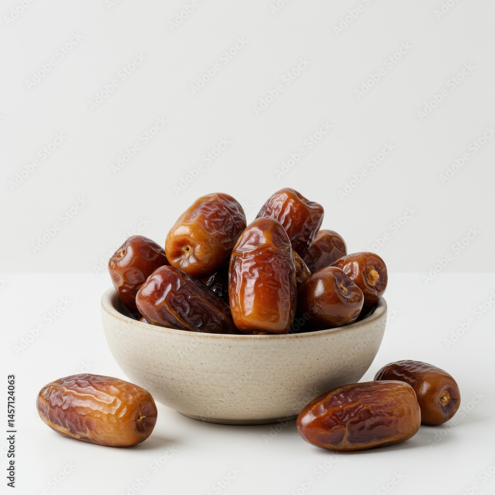 Poster a bowl full of medjool dates with some scattered on a white surface in a studio setting shot up clos