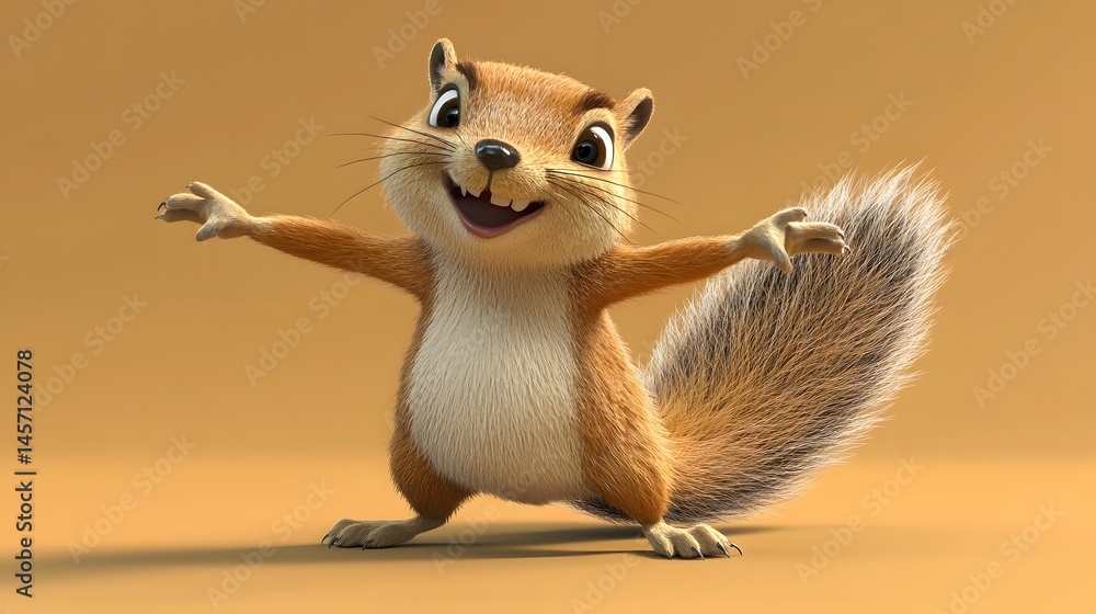 Poster animated squirrel character design, full body view.