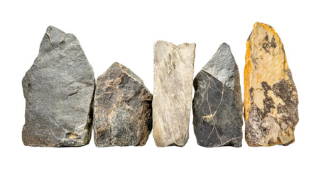 Varied natural rocks display highlighting texture and form, cut out - stock png.