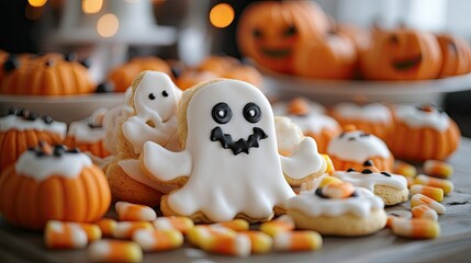 Obraz premium Table Filled with Themed Treats Like Ghost Cookies and Candy Corn, Perfect for Halloween Party 