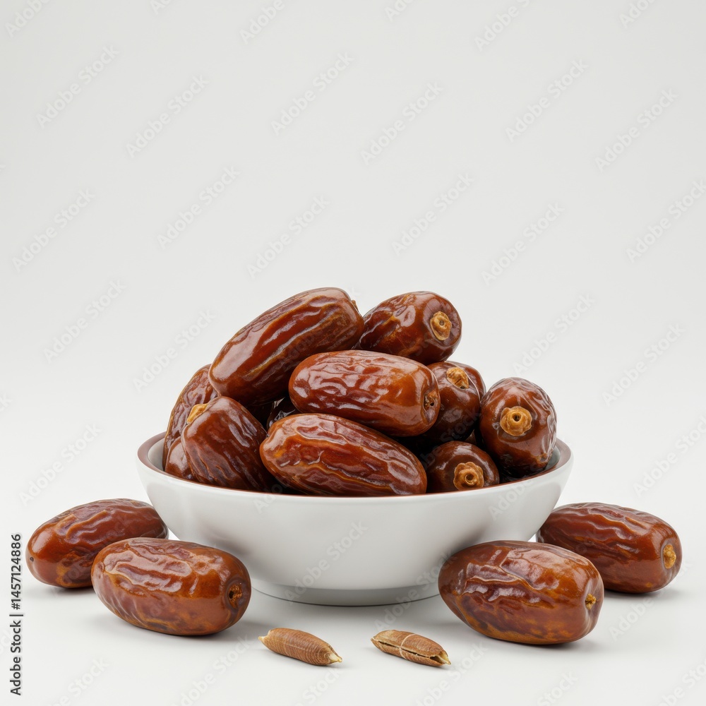 Poster a bowl filled with fresh dates and some scattered on a white surface in a studio setting close up vi