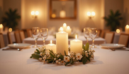 Elegant wedding candles adorned with floral wreaths in warm ambiance