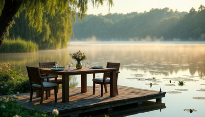Serene Lakeside Dining Setup at Dawn