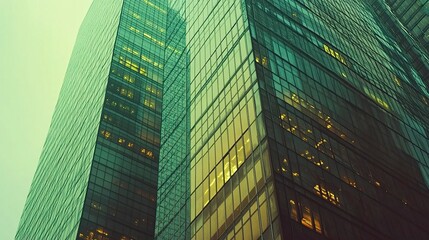 Reflective glass windows of a high-rise commercial skyscraper sleek facade clean lines urban business background professional vibe 