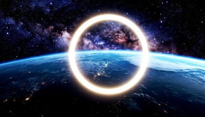 An ethereal, glowing ring encompassing the Earth, set against the backdrop of a vibrant galaxy. This celestial artwork evokes a sense of wonder and cosmic beauty, the earth view from space