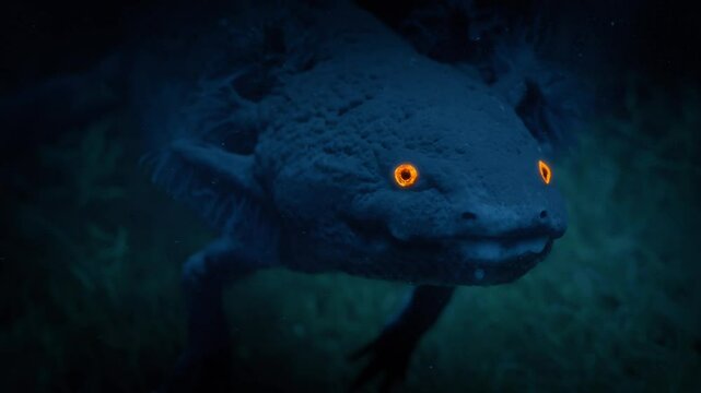 Salamander Underwater With Glowing Eyes