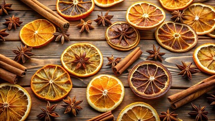 Aromatic Dried Citrus Slices and Cinnamon Sticks Arranged on Rustic Wooden Surface for Festive Season