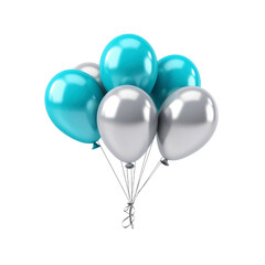 Colorful helium balloons in turquoise and silver colors floating together, perfect for celebrations, parties, and festive events across various occasions