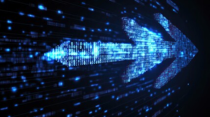Fototapeta premium Blue digital arrow formed from binary code, indicating progress and movement toward the future