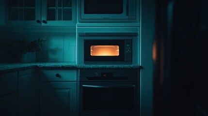 A brightly lit oven and microwave in a modern kitchen setting