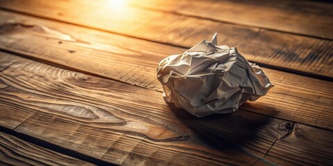 A crumpled piece of paper rests on a rustic wooden surface, bathed in warm, golden light, symbolizing discarded ideas or the creative process