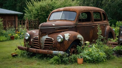 Fototapeta premium An old rusty car sits abandoned and overgrown with plants in a yard on a cloudy day outdoors
