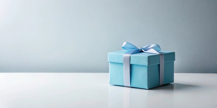A single light blue gift box with a pale ribbon bow sits on a white surface against a pale blue background