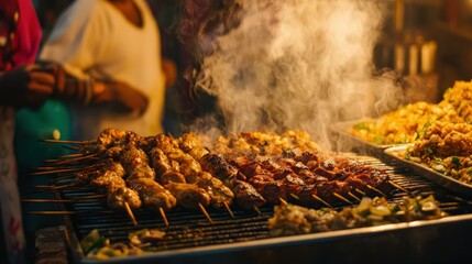 Skewered grilled meat and other food items prepared for sale