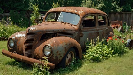 A rusty vintage car sits abandoned in a field of green grass and various plants on a sunny day outdoors
