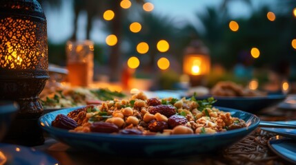 A beautifully set table presents a delicious evening meal outdoors
