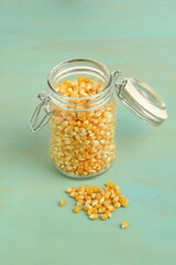 top view popcorn kernel seeds in a jar