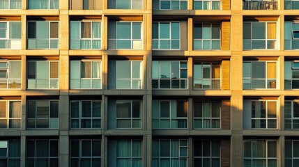 Fototapeta premium High-rise apartment windows, geometric, repetitive, modern, sharp lines, reflections, mirrorless camera, 85mm lens, sunset, architectural photography, chrome film.