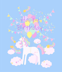 A cute unicorn flies with the help of a dozen colored balloons against a backdrop of festive decorations .Happy birthday card with cute unicorn. Gentle unicorn Birthday template, greeting card