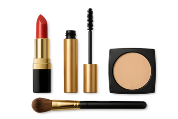 A collection of makeup items including red lipstick, mascara, bronzer, and a makeup brush. Concept Makeup Essentials, Red Lipstick, Flawless Mascara, Sun-Kissed Bronzer, Professional Makeup Brush