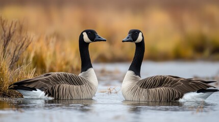Obraz premium Two canada geese swimming in tranquil wetland
