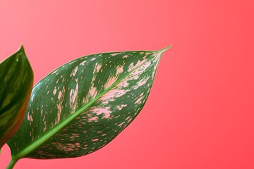 Close-up view of a variegated plant leaf against a vibrant coral backdrop.