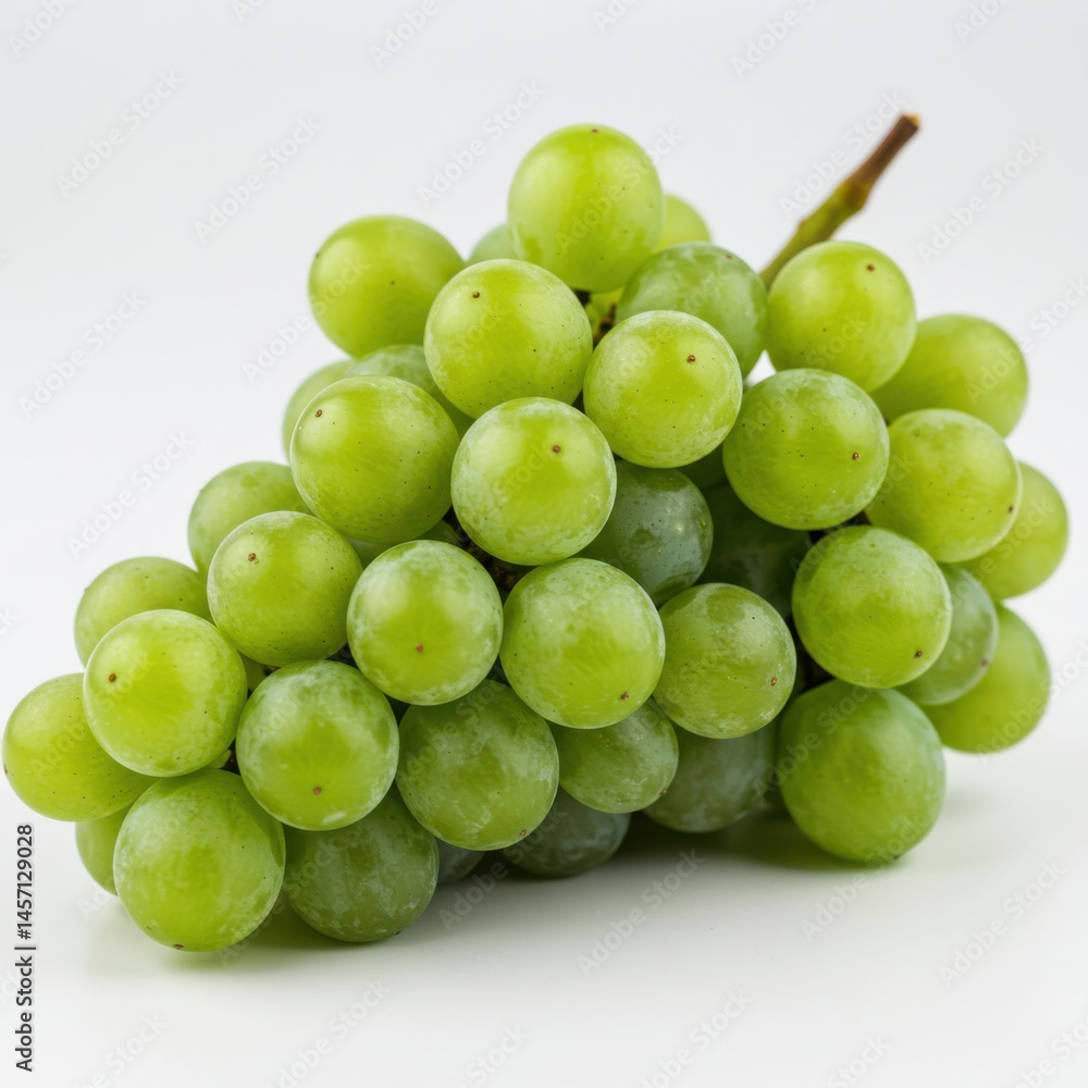 Poster a bunch of green grapes clustered together on a white background with a small stem visible at the to