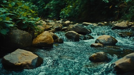 Clear flowing water amongst rocks and lush green plant life