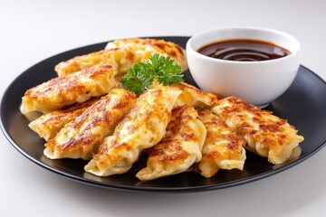 Crispy deep fried gyoza arranged neatly on a black plate alongside a small bowl of dipping sauce and a sprinkle of fresh garnish
