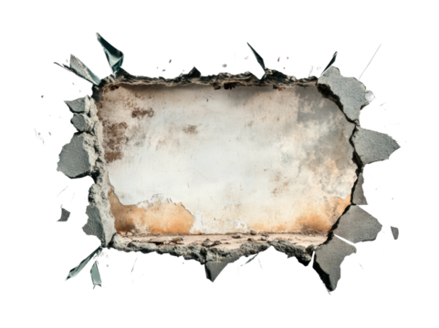 Broken wall with cracked concrete and exposed edges, cut out - stock png.