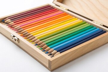 A set of new colored pencils in a wooden box on a white background. High quality photo