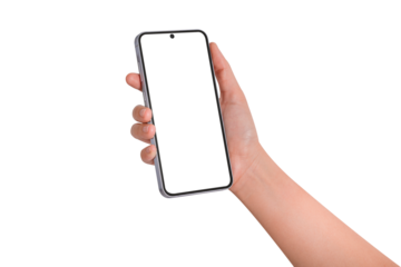 Hand holding smartphone with blank screen isolated. Premium high quality studio shot. Concept for technology, business, finance and advertising.