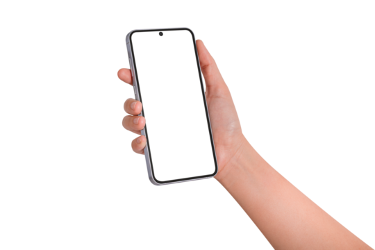 Hand holding smartphone with blank screen isolated. Premium high quality studio shot. Concept for technology, business, finance and advertising.