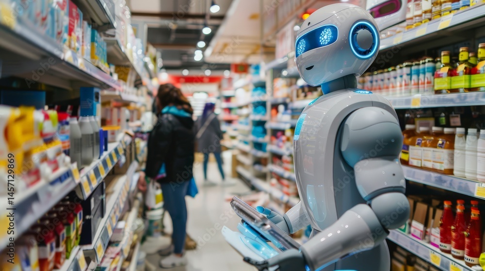 Poster Robot assistant in a supermarket aisle. Advanced AI and robotics.