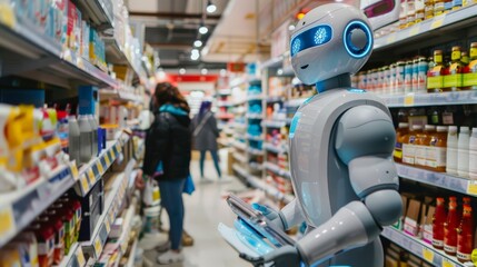 Robot assistant in a supermarket aisle. Advanced AI and robotics.
